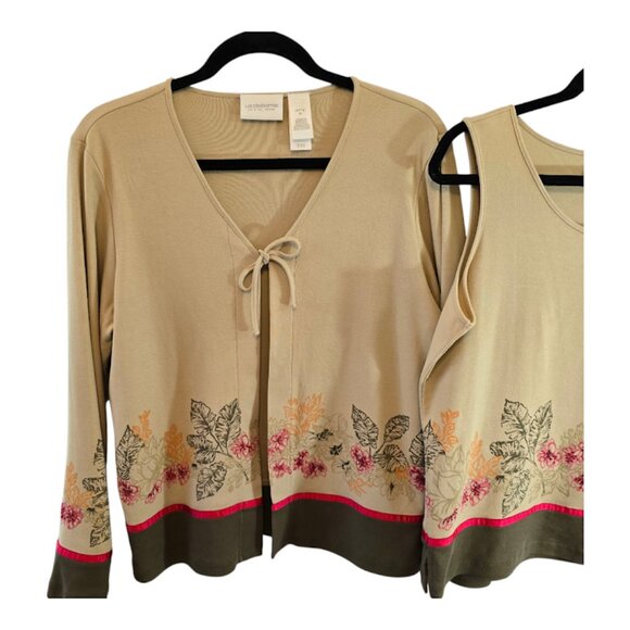 LIZ CLAIBORNE MEDIUM PETITE TAN OPEN CARDIGAN PLUS TANK SEQUINS PRINT BORDER - Picture 1 of 11